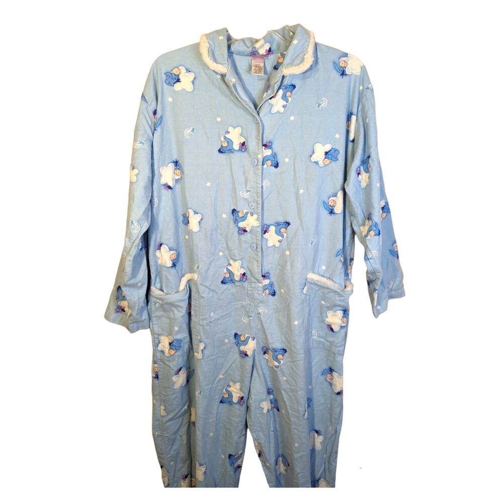 VTG Disney Adult Womens Light Blue Fuzzy Eeyore Clouds Footed Sleeper Pajamas L
